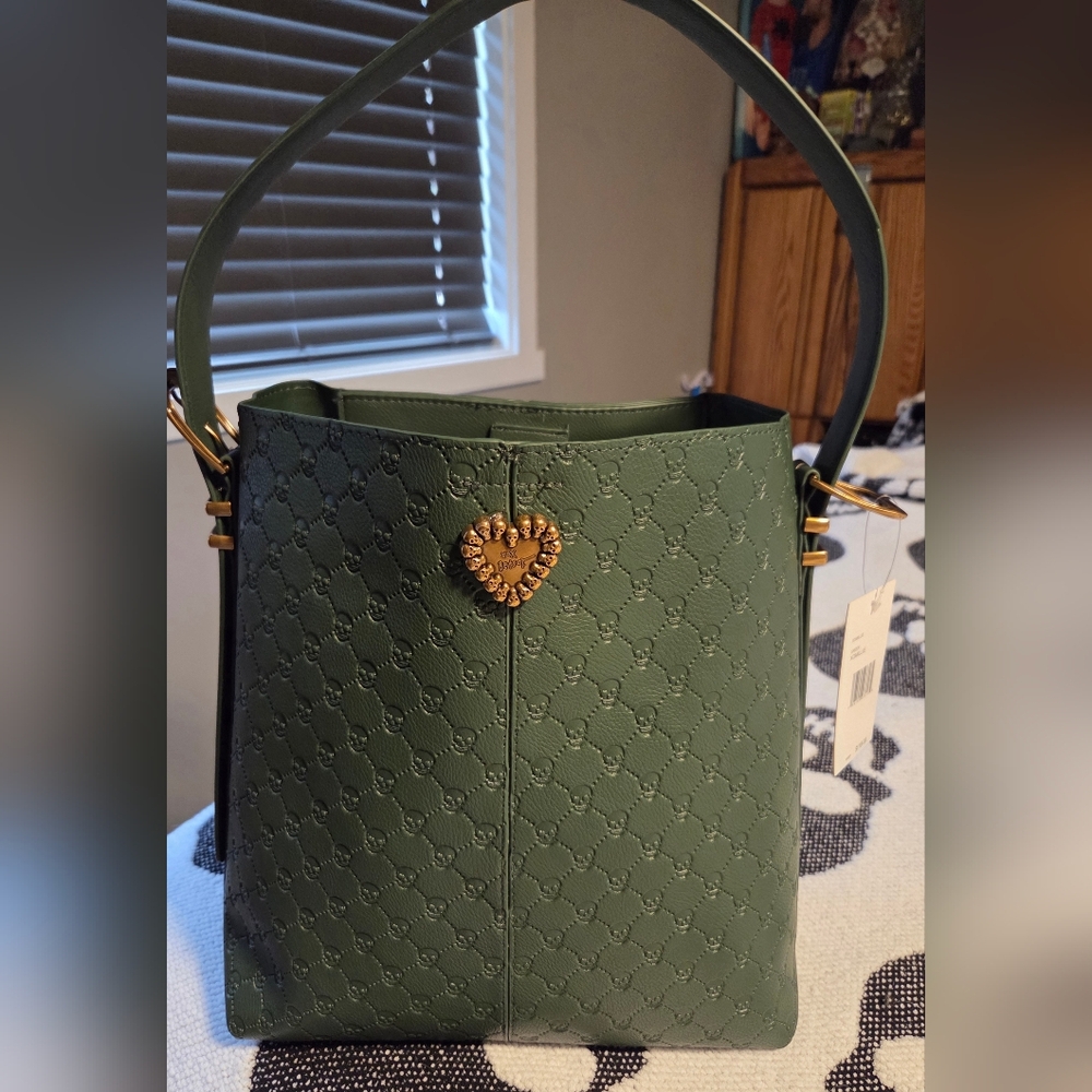 Betsy Johnson Olive Shoulder Bag with Gold Heart Accent